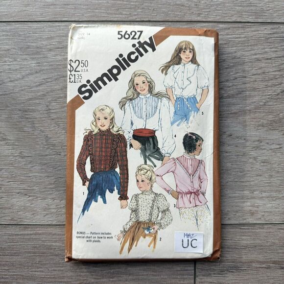 Vintage 80s Simplicity 5627 Sewing Pattern Girls Victorian Blouses Sz 14 UNCUT - Picture 1 of 3